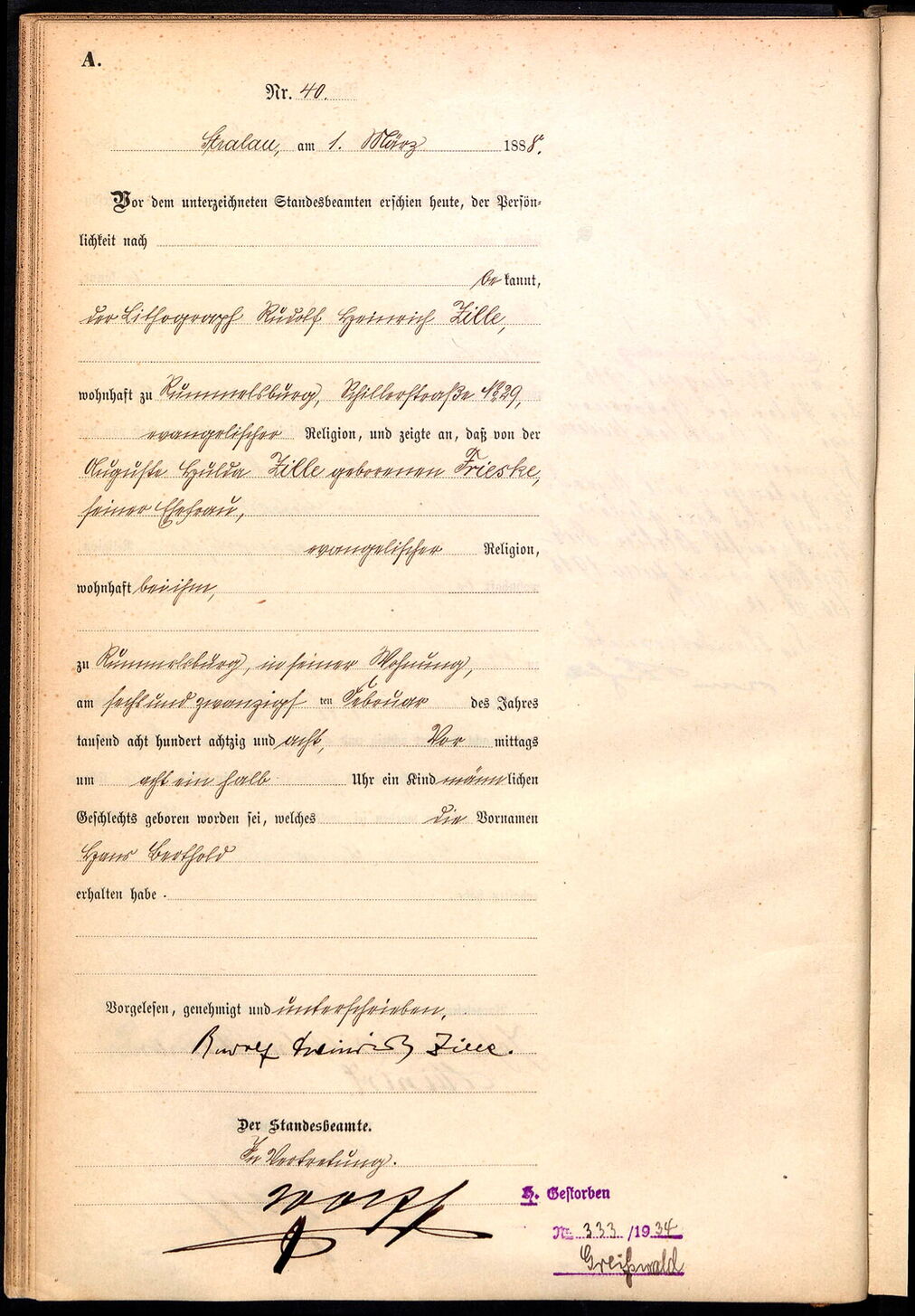 Geburtsurkunde Hans Berthold Zille