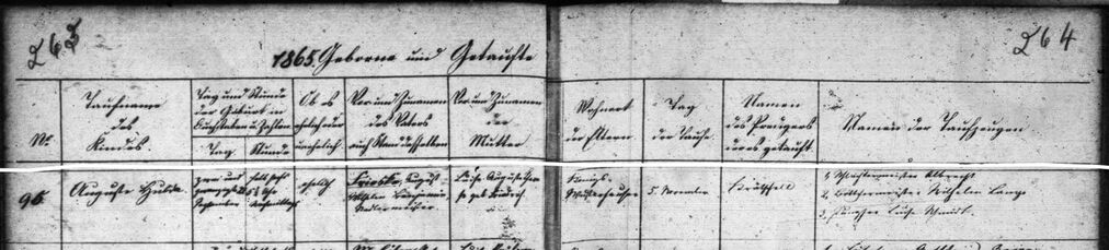 Geburts- und Taufeintrag der Ehefrau Auguste Hulda