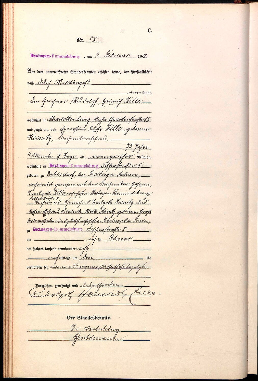 Sterbeurkunde Ernestina Luise Zille