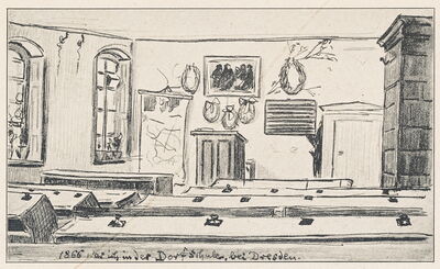 Grafik von Heinrich Zille, eine Dorfschule bei Dresden darstellend